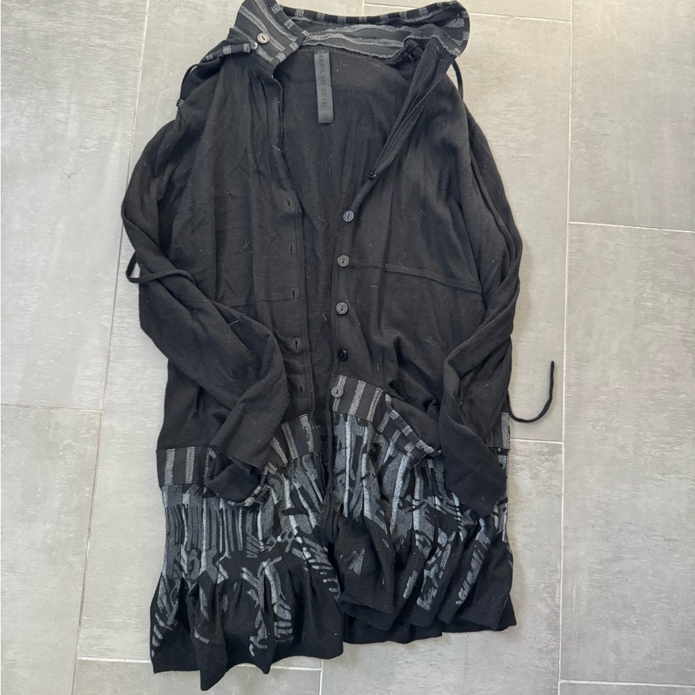 Marilyn Seyb Black Hooded Cardigan with Striped Hem